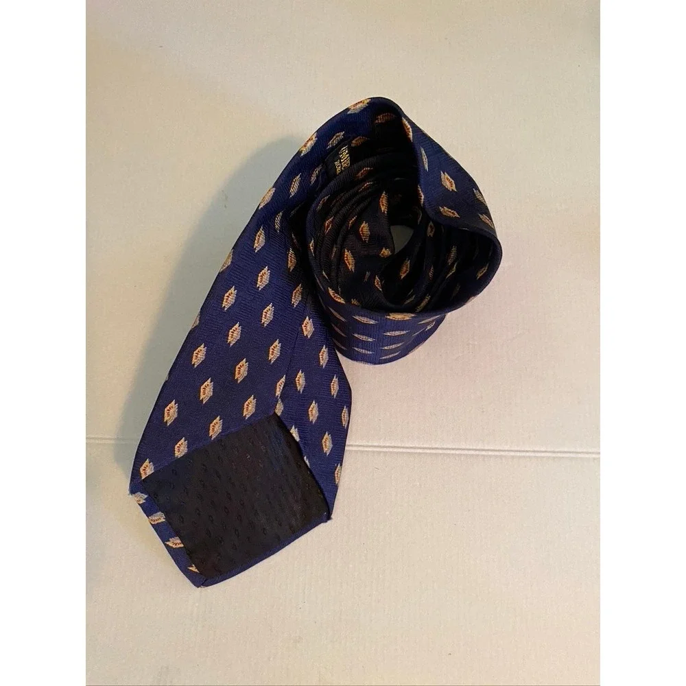 Umberto Bossi Roma Milano Mens Silk Tie Navy Blue Gold Geometric Diamond Pattern